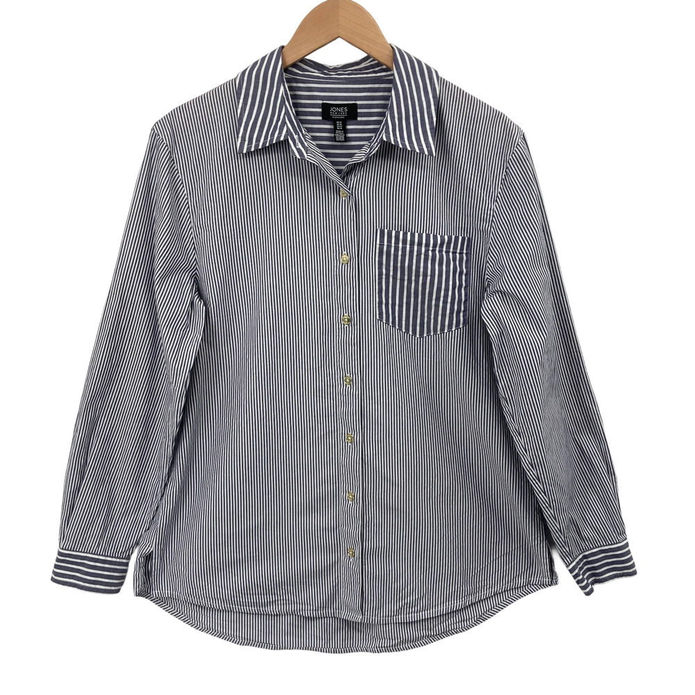 Jones New York Signature Gray White Stripe Button Front Shirt Medium Long Sleeve